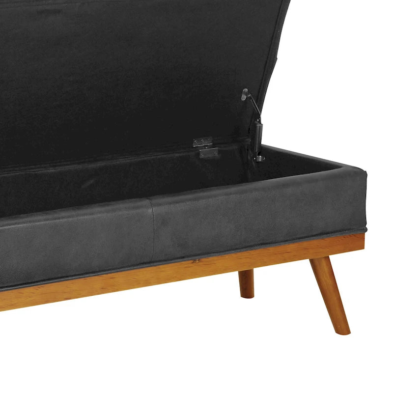 Mid-Century Upholstered Storage Bench with Nail-Head Accents and Wood Legs