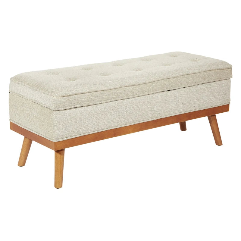 Mid-Century Upholstered Storage Bench with Nail-Head Accents and Wood Legs