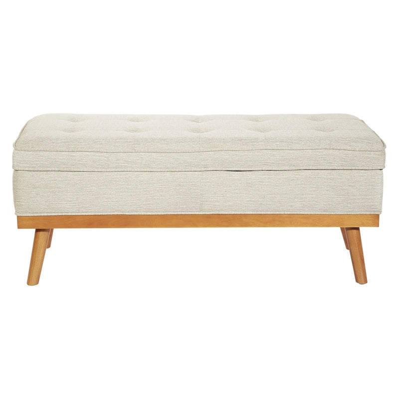 Mid-Century Upholstered Storage Bench with Nail-Head Accents and Wood Legs