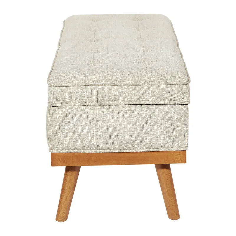 Mid-Century Upholstered Storage Bench with Nail-Head Accents and Wood Legs