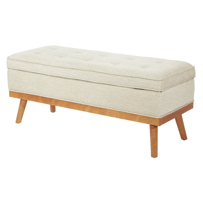 Mid-Century Upholstered Storage Bench with Nail-Head Accents and Wood Legs