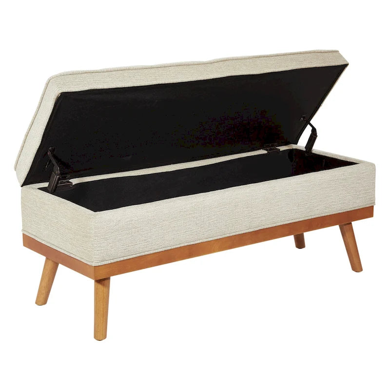 Mid-Century Upholstered Storage Bench with Nail-Head Accents and Wood Legs