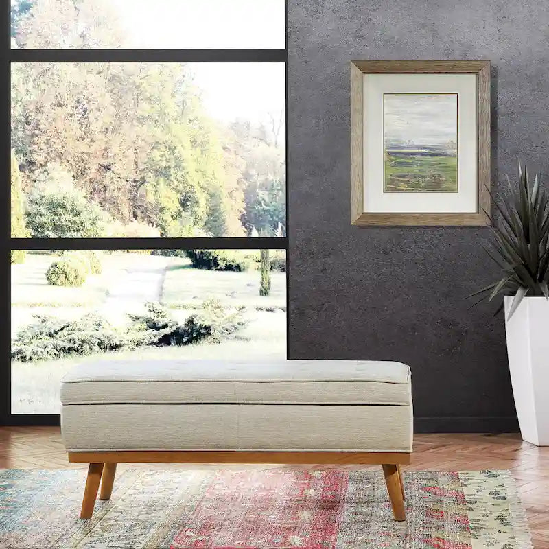Mid-Century Upholstered Storage Bench with Nail-Head Accents and Wood Legs
