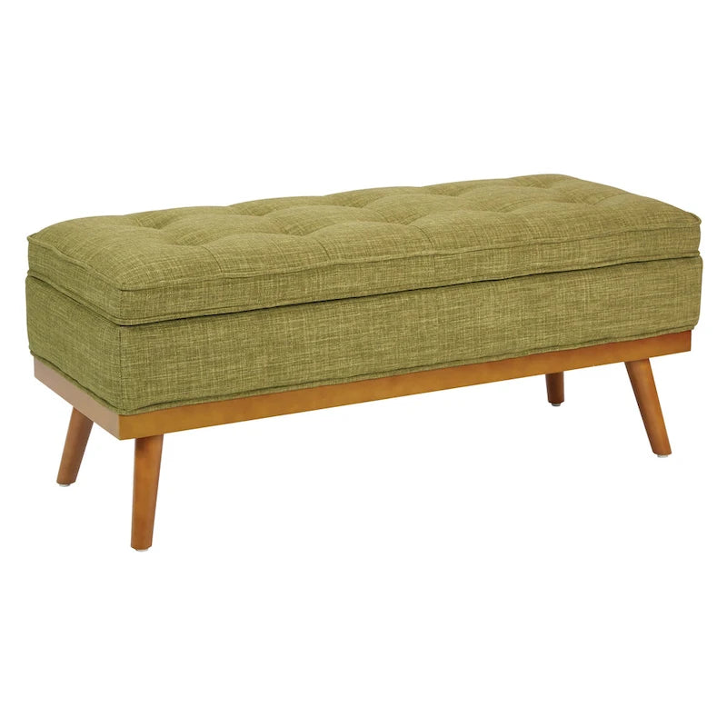 Mid-Century Upholstered Storage Bench with Nail-Head Accents and Wood Legs