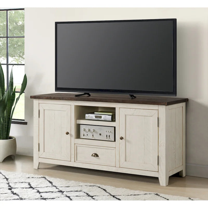 Farmhouse Rustic Solid Pine Wood 60-Inch TV Stand with Storage Cabinets