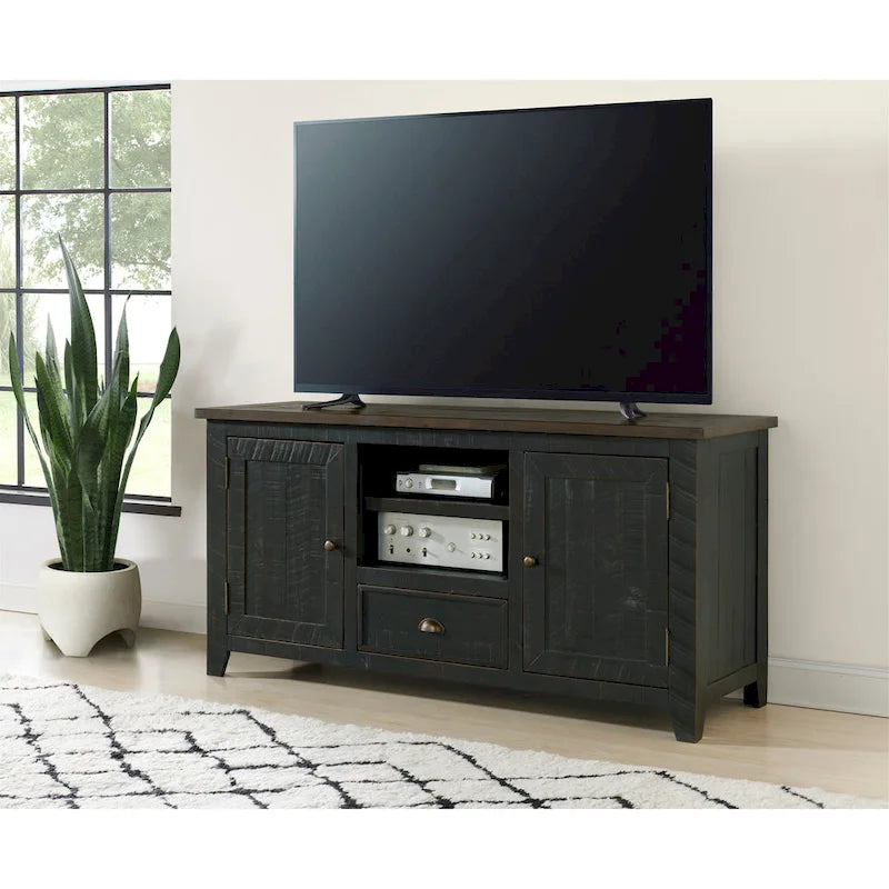 Farmhouse Rustic Solid Pine Wood 60-Inch TV Stand with Storage Cabinets