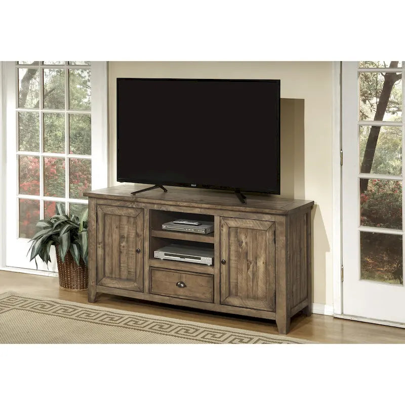 Farmhouse Rustic Solid Pine Wood 60-Inch TV Stand with Storage Cabinets