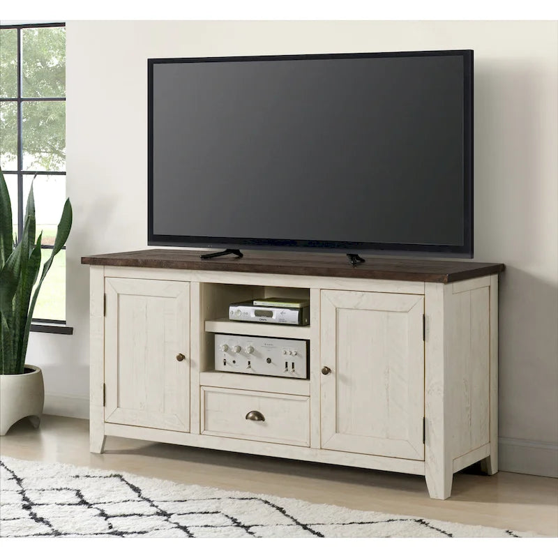 Farmhouse Rustic Solid Pine Wood 60-Inch TV Stand with Storage Cabinets