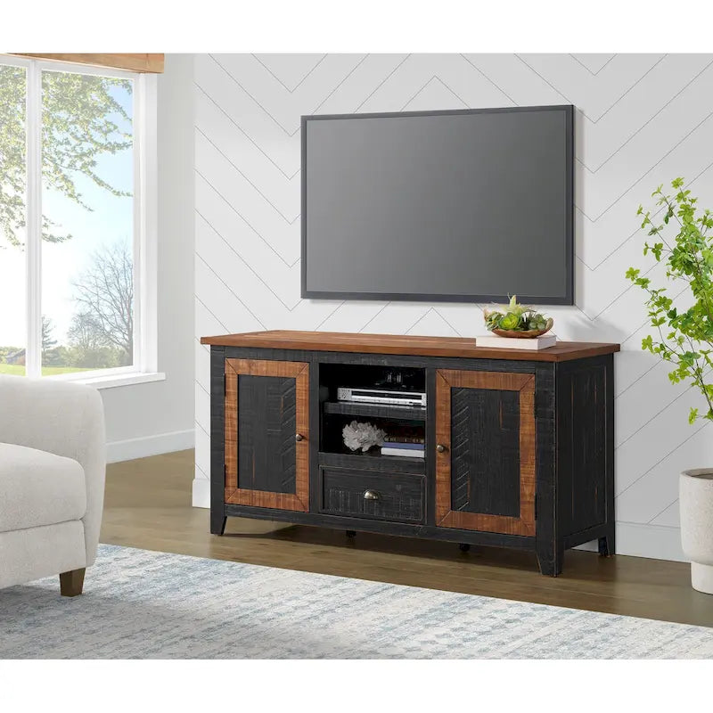 Farmhouse Rustic Solid Pine Wood 60-Inch TV Stand with Storage Cabinets