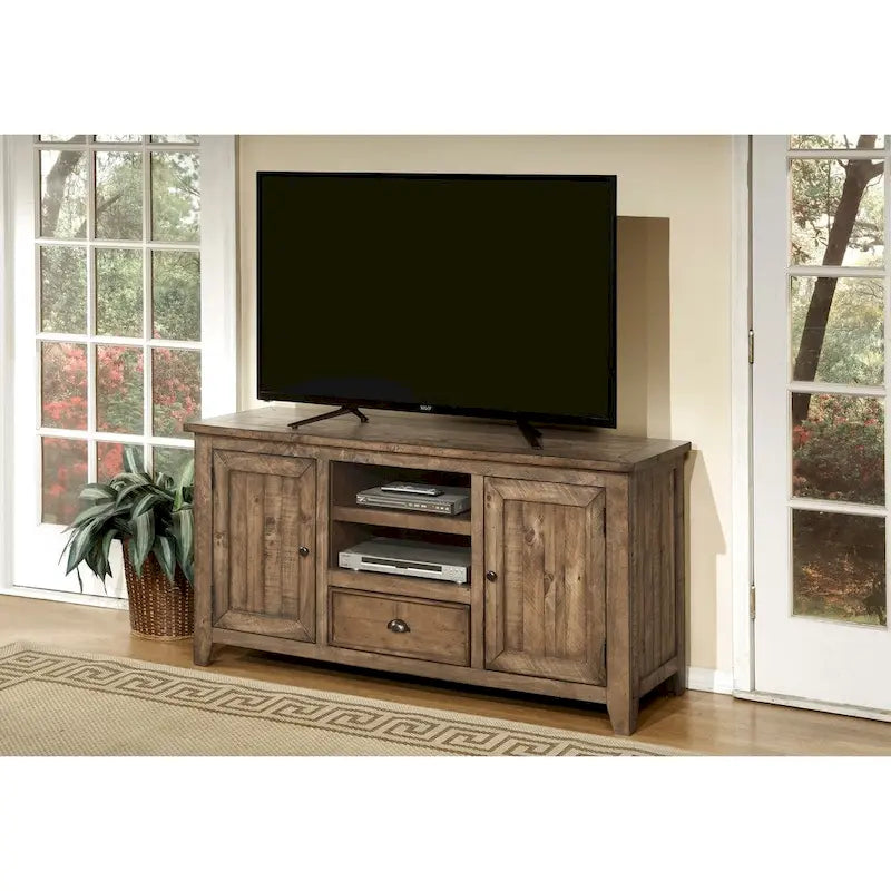 Farmhouse Rustic Solid Pine Wood 60-Inch TV Stand with Storage Cabinets