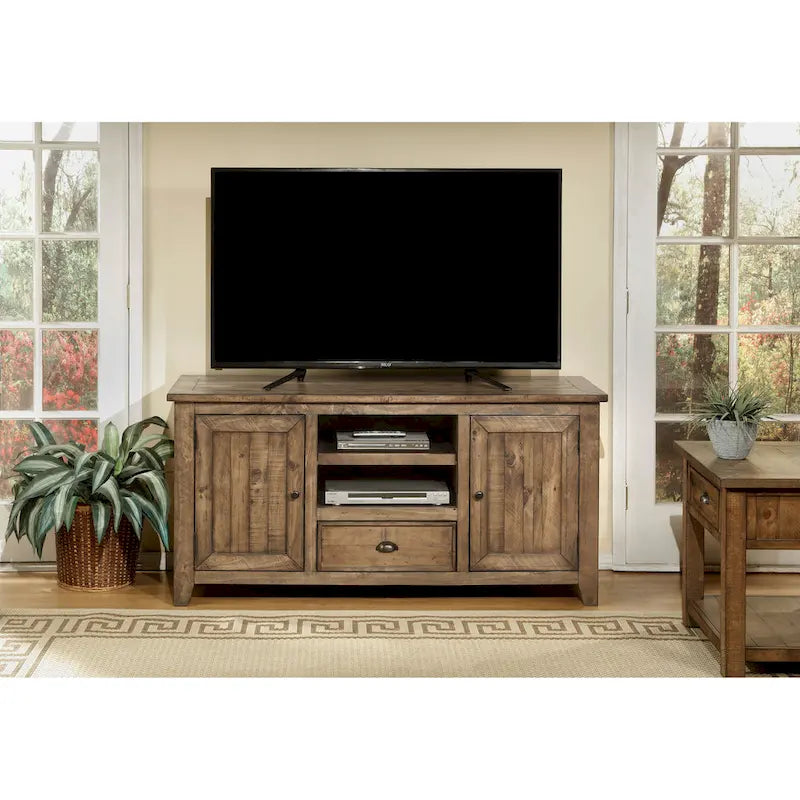 Farmhouse Rustic Solid Pine Wood 60-Inch TV Stand with Storage Cabinets