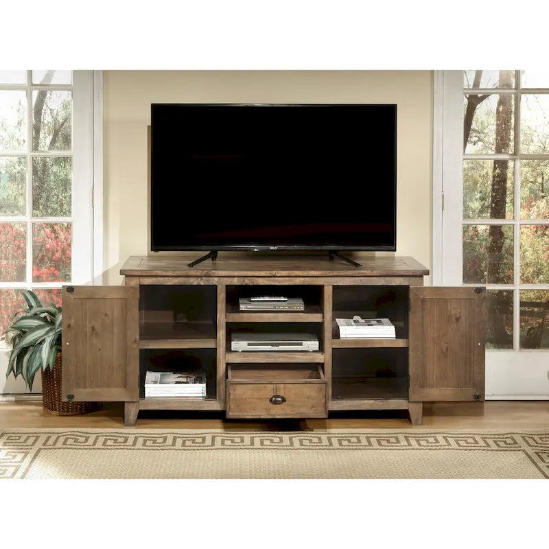 Farmhouse Rustic Solid Pine Wood 60-Inch TV Stand with Storage Cabinets