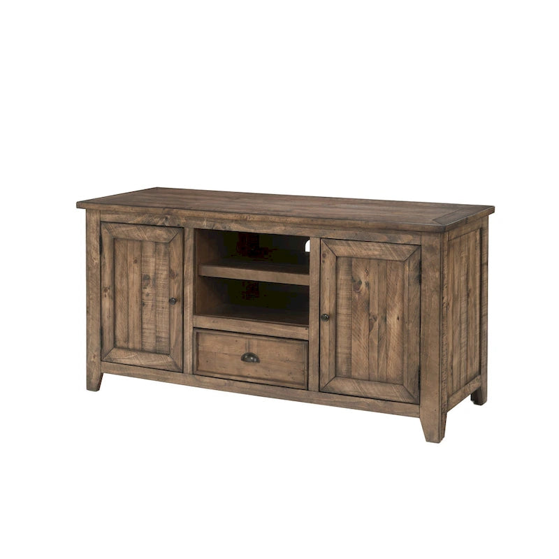 Farmhouse Rustic Solid Pine Wood 60-Inch TV Stand with Storage Cabinets