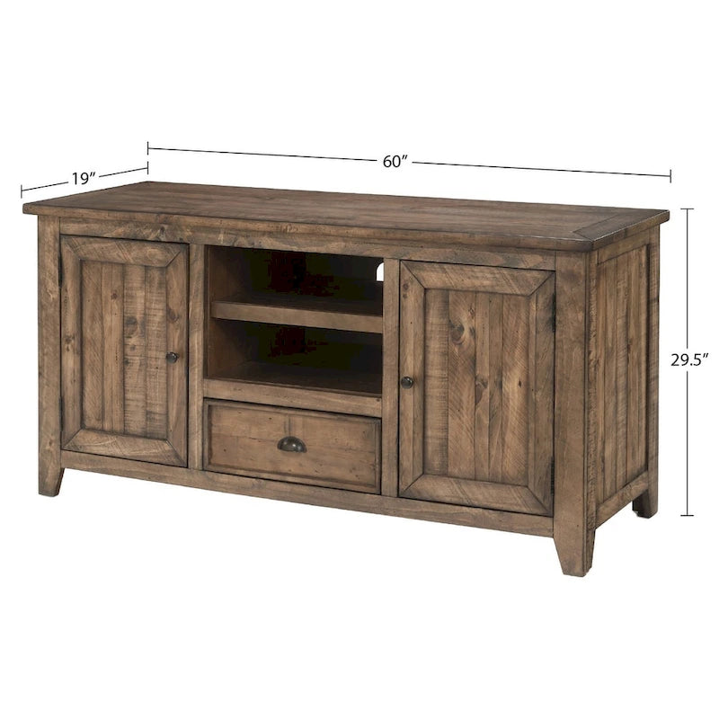 Farmhouse Rustic Solid Pine Wood 60-Inch TV Stand with Storage Cabinets