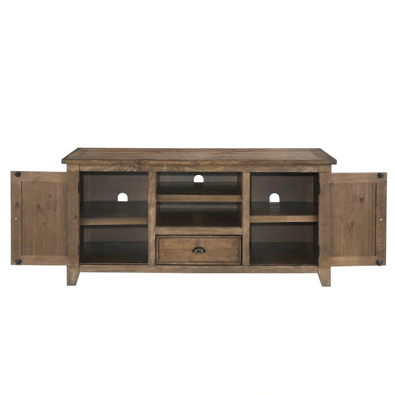 Farmhouse Rustic Solid Pine Wood 60-Inch TV Stand with Storage Cabinets
