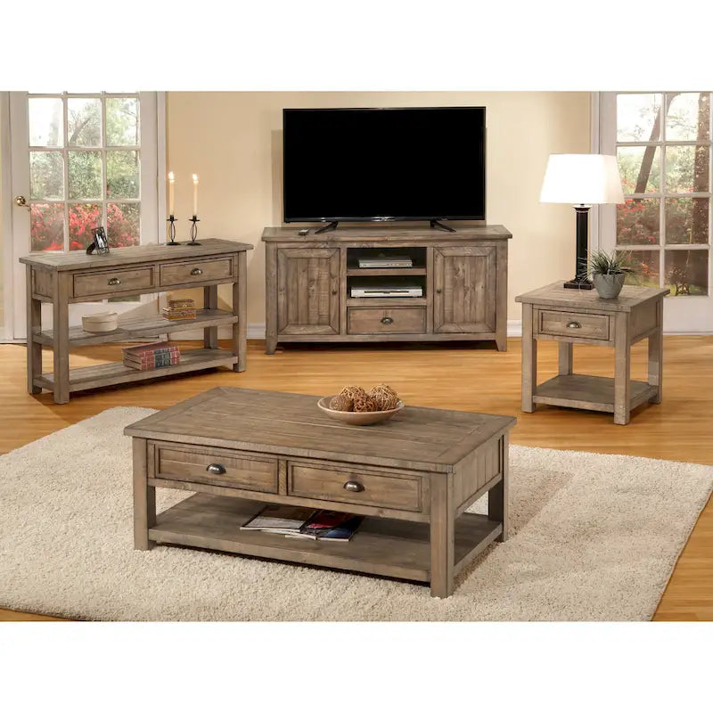 Farmhouse Rustic Solid Pine Wood 60-Inch TV Stand with Storage Cabinets