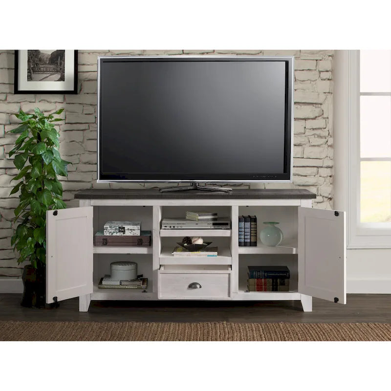 Farmhouse Rustic Solid Pine Wood 60-Inch TV Stand with Storage Cabinets
