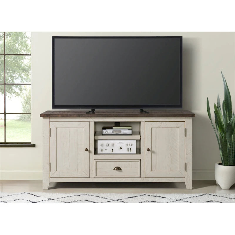 Farmhouse Rustic Solid Pine Wood 60-Inch TV Stand with Storage Cabinets
