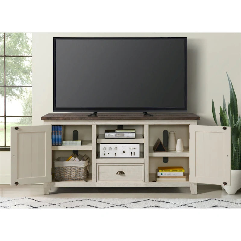Farmhouse Rustic Solid Pine Wood 60-Inch TV Stand with Storage Cabinets
