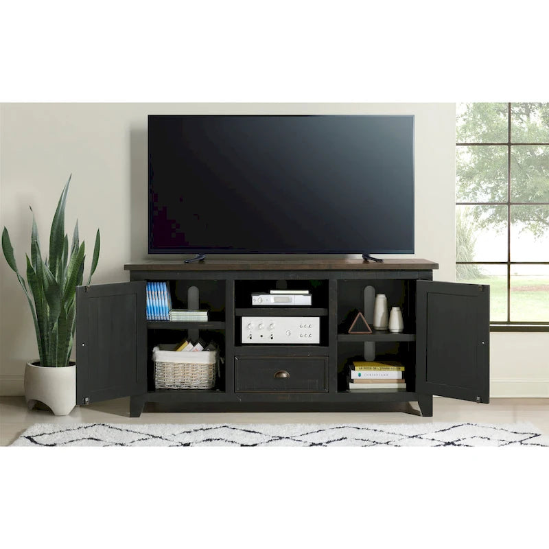 Farmhouse Rustic Solid Pine Wood 60-Inch TV Stand with Storage Cabinets