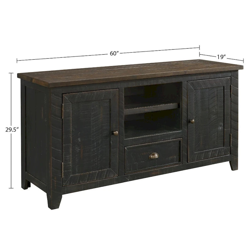 Farmhouse Rustic Solid Pine Wood 60-Inch TV Stand with Storage Cabinets