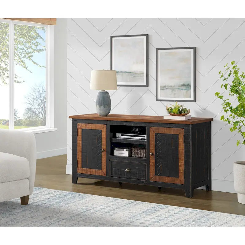 Farmhouse Rustic Solid Pine Wood 60-Inch TV Stand with Storage Cabinets