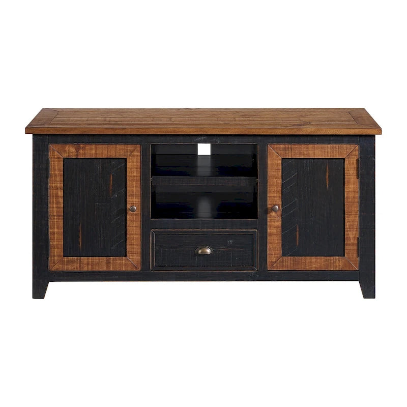Farmhouse Rustic Solid Pine Wood 60-Inch TV Stand with Storage Cabinets