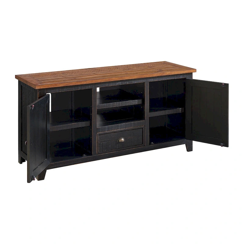 Farmhouse Rustic Solid Pine Wood 60-Inch TV Stand with Storage Cabinets