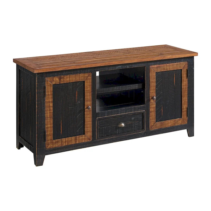 Farmhouse Rustic Solid Pine Wood 60-Inch TV Stand with Storage Cabinets
