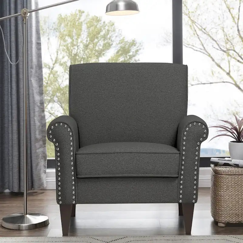 Transitional Upholstered Arm Chair with Nailhead Trim Taupe Grey Charcoal