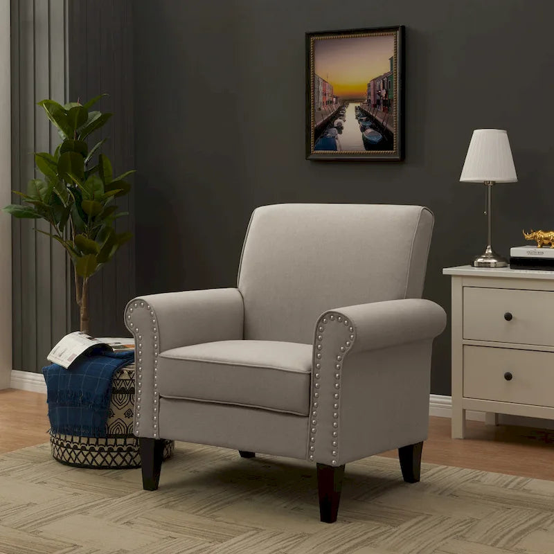 Transitional Upholstered Arm Chair with Nailhead Trim Taupe Grey Charcoal