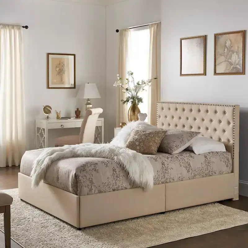 Nailhead Linen Upholstered Headboard Storage Platform Bed Beige