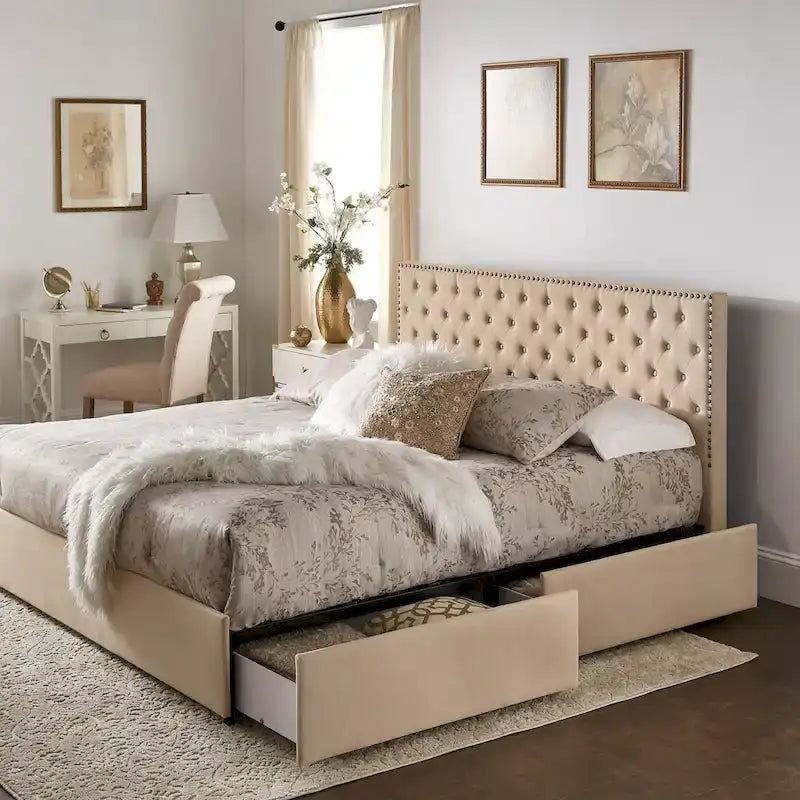 Nailhead Linen Upholstered Headboard Storage Platform Bed Beige