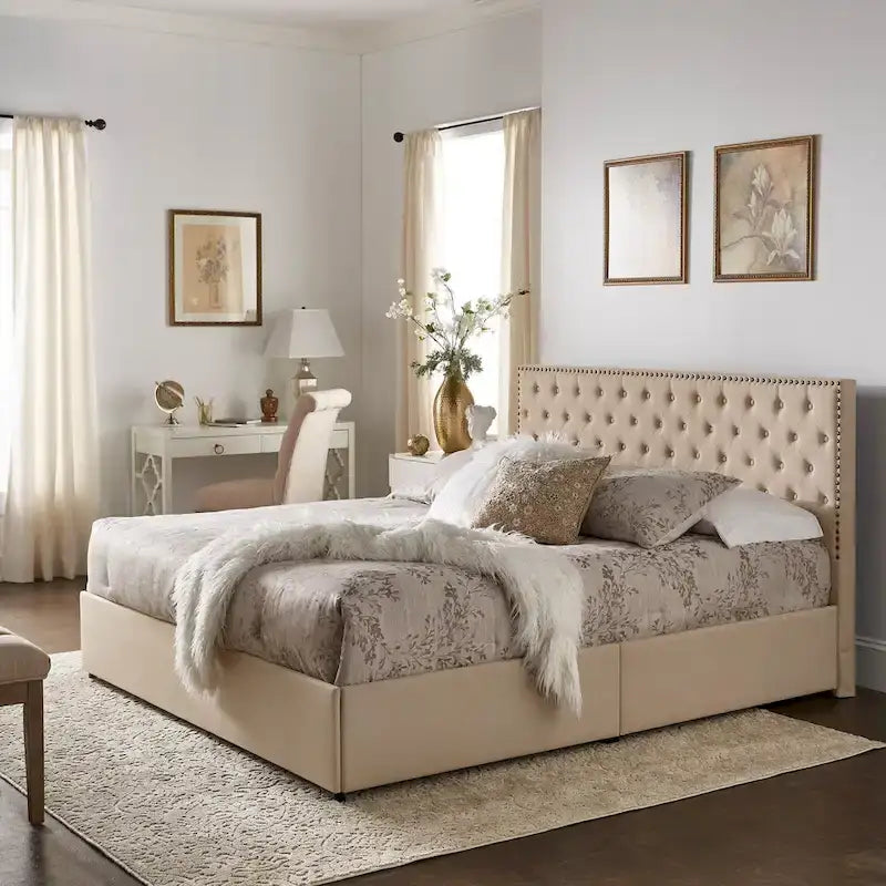 Nailhead Linen Upholstered Headboard Storage Platform Bed Beige