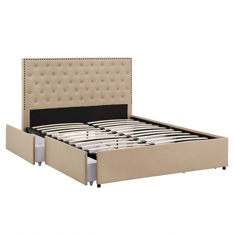 Nailhead Linen Upholstered Headboard Storage Platform Bed Beige