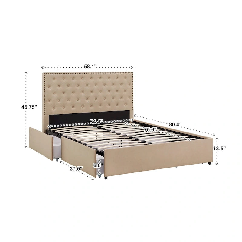 Nailhead Linen Upholstered Headboard Storage Platform Bed Beige