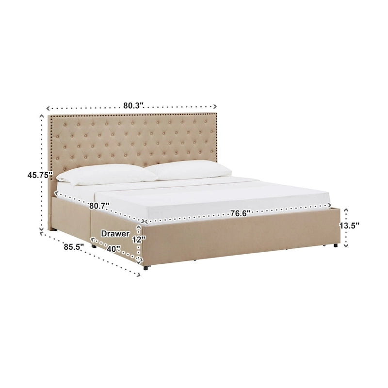 Nailhead Linen Upholstered Headboard Storage Platform Bed Beige