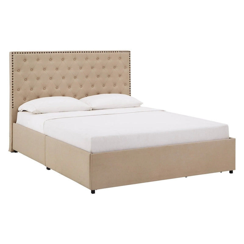 Nailhead Linen Upholstered Headboard Storage Platform Bed Beige