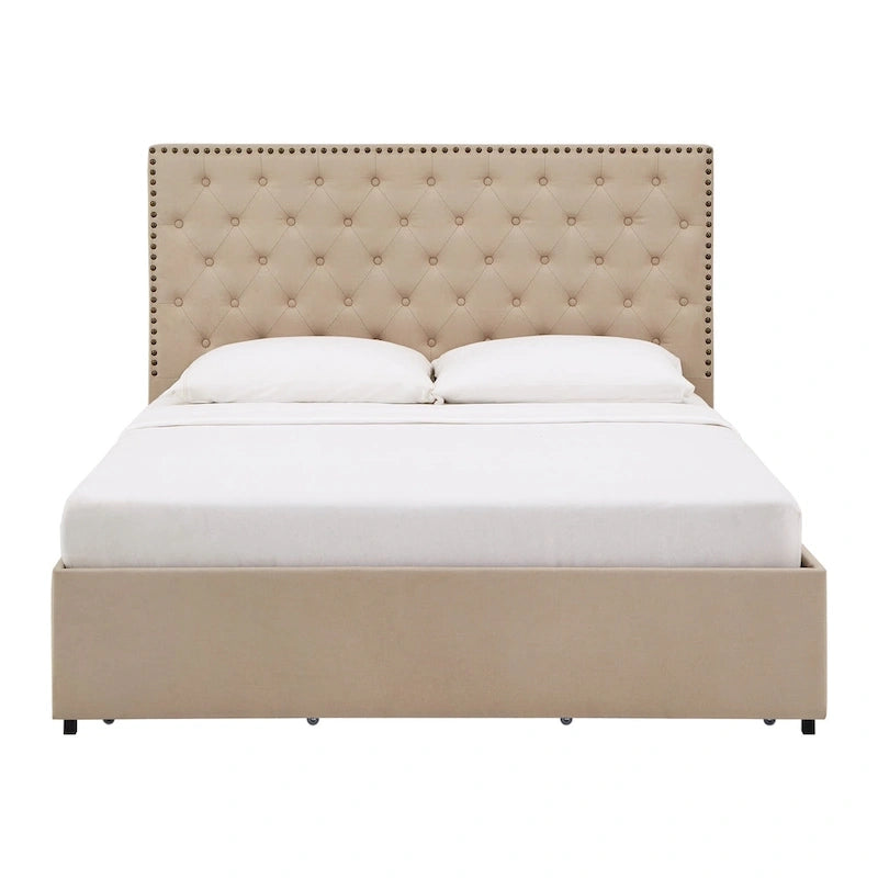 Nailhead Linen Upholstered Headboard Storage Platform Bed Beige