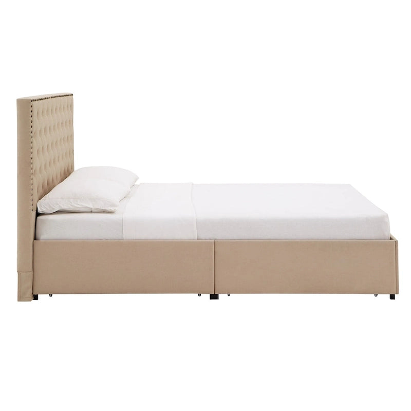 Nailhead Linen Upholstered Headboard Storage Platform Bed Beige