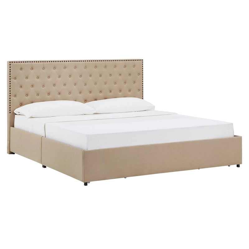 Nailhead Linen Upholstered Headboard Storage Platform Bed Beige