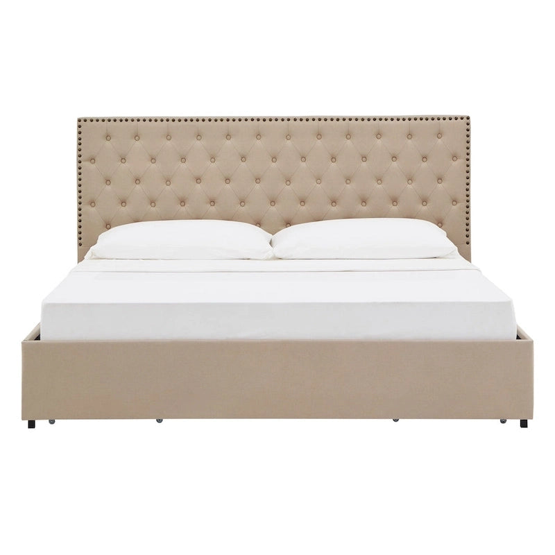 Nailhead Linen Upholstered Headboard Storage Platform Bed Beige