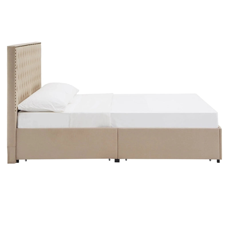 Nailhead Linen Upholstered Headboard Storage Platform Bed Beige