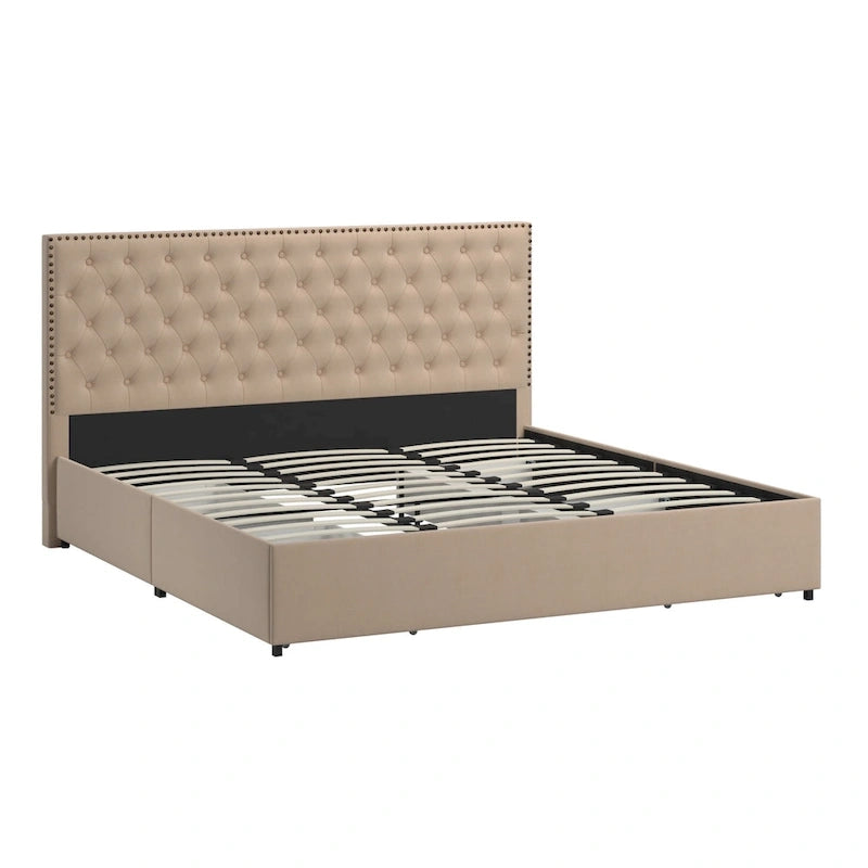 Nailhead Linen Upholstered Headboard Storage Platform Bed Beige