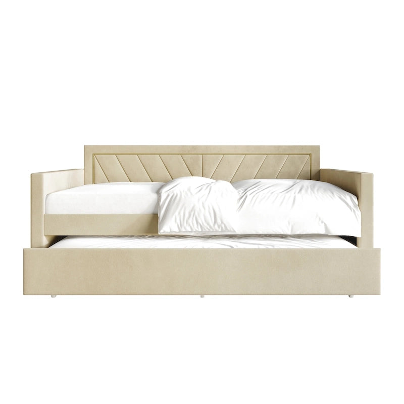 Glam Velvet Upholstered Daybed with Gold PU Stitched Back Panel