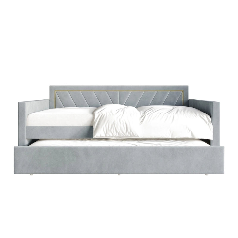 Glam Velvet Upholstered Daybed with Gold PU Stitched Back Panel