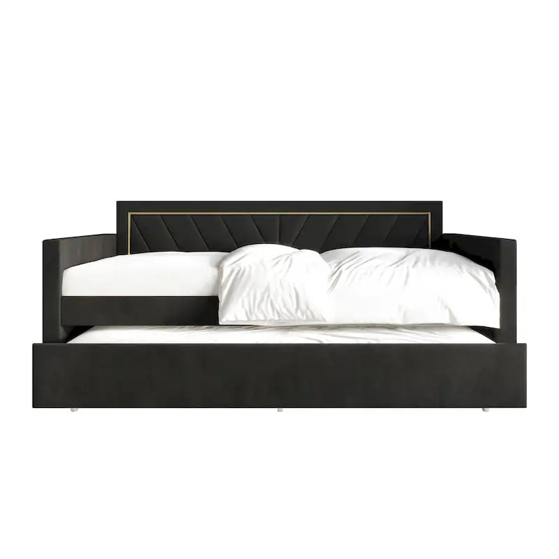 Glam Velvet Upholstered Daybed with Gold PU Stitched Back Panel