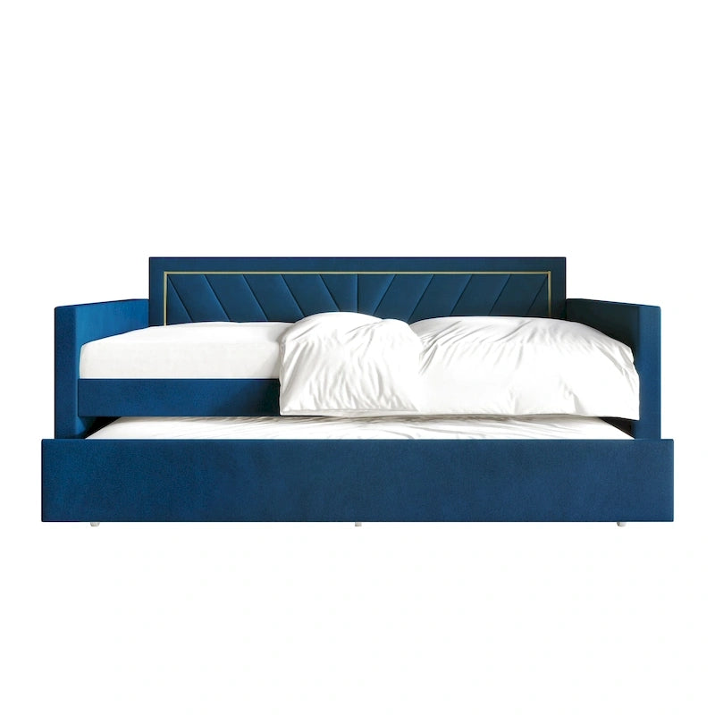 Glam Velvet Upholstered Daybed with Gold PU Stitched Back Panel