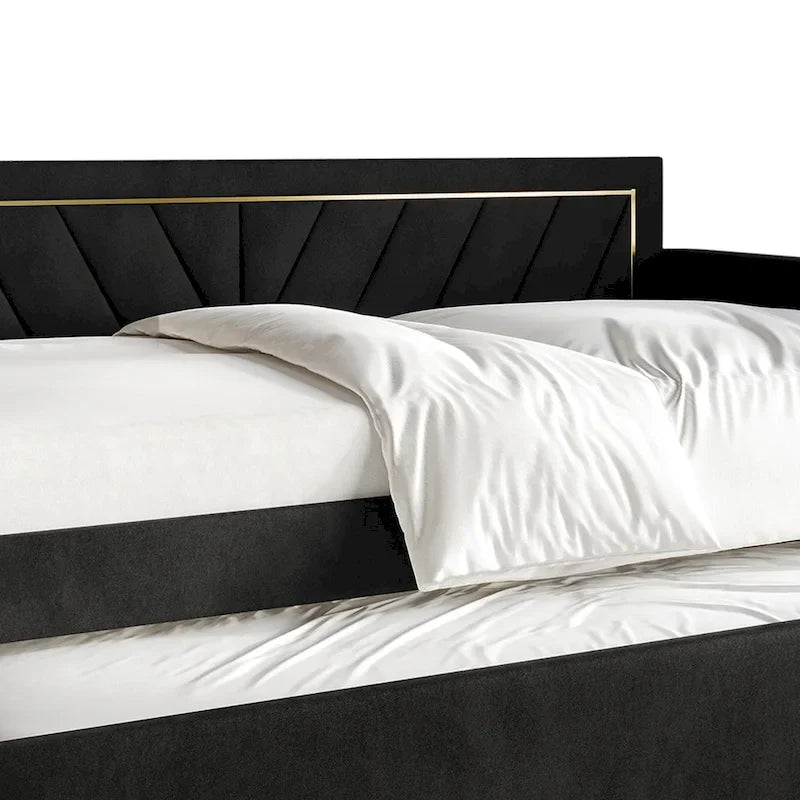 Glam Velvet Upholstered Daybed with Gold PU Stitched Back Panel