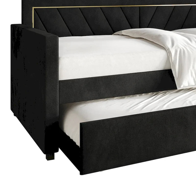 Glam Velvet Upholstered Daybed with Gold PU Stitched Back Panel